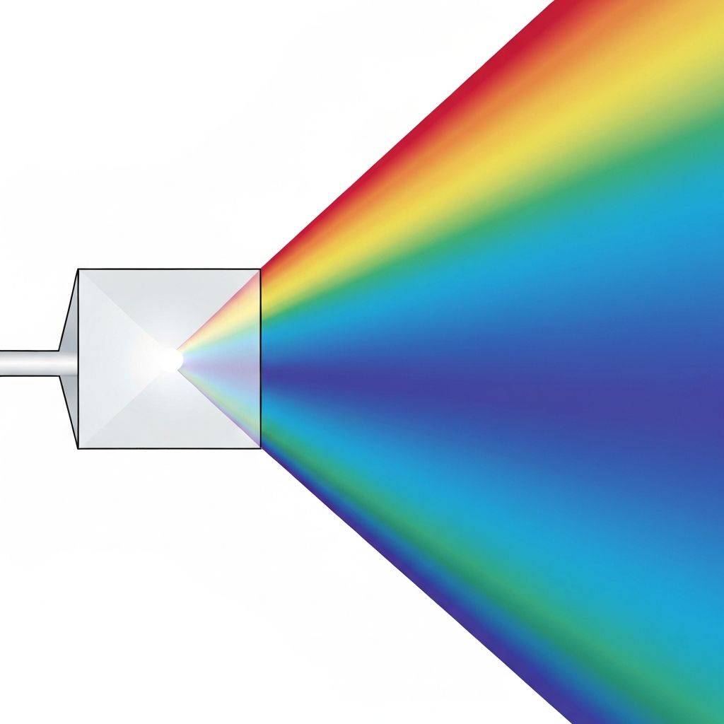 Prisme réfractant la lumière en spectre, illustration technique scientifique